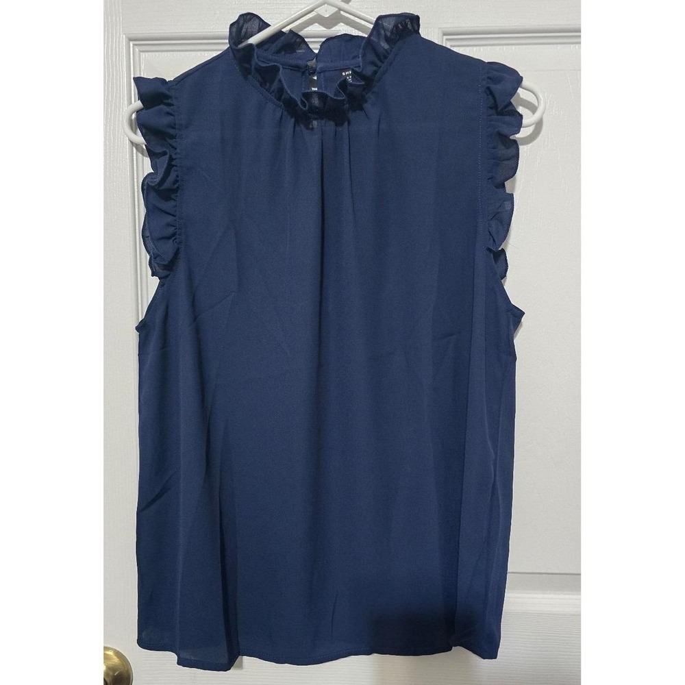 SHEIN Navy Blue Ruffle High Neck Blouse – Sleeveless Flowy Top Size L